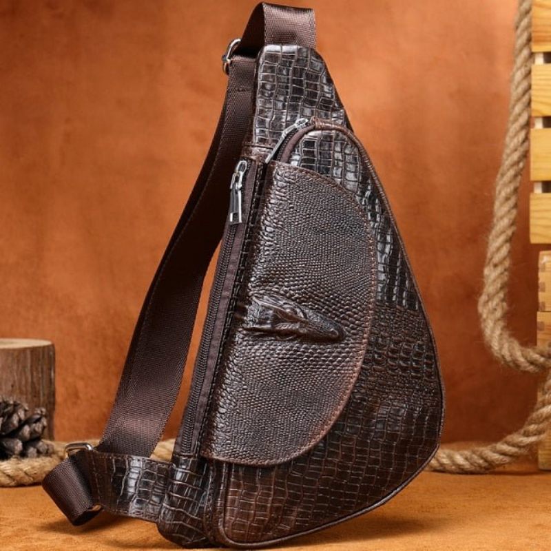 Bolsa Ombro Masculina Chique Tipo Sela Couro Crocodilo - Café