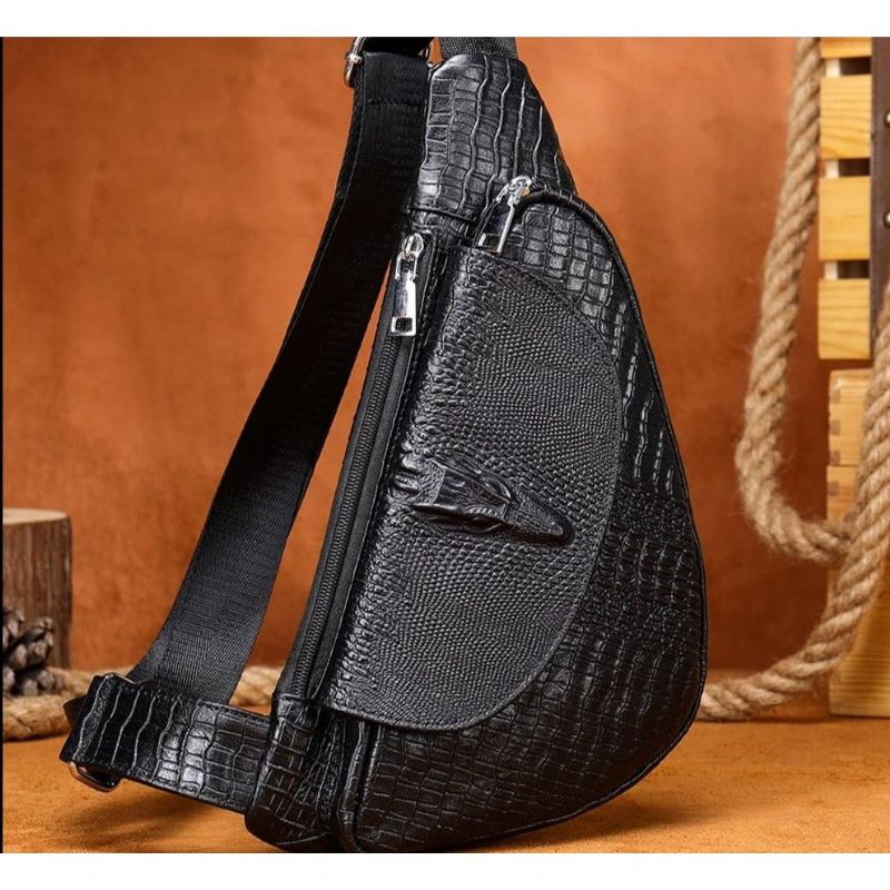 Bolsa Ombro Masculina Chique Tipo Sela Couro Crocodilo - Preto