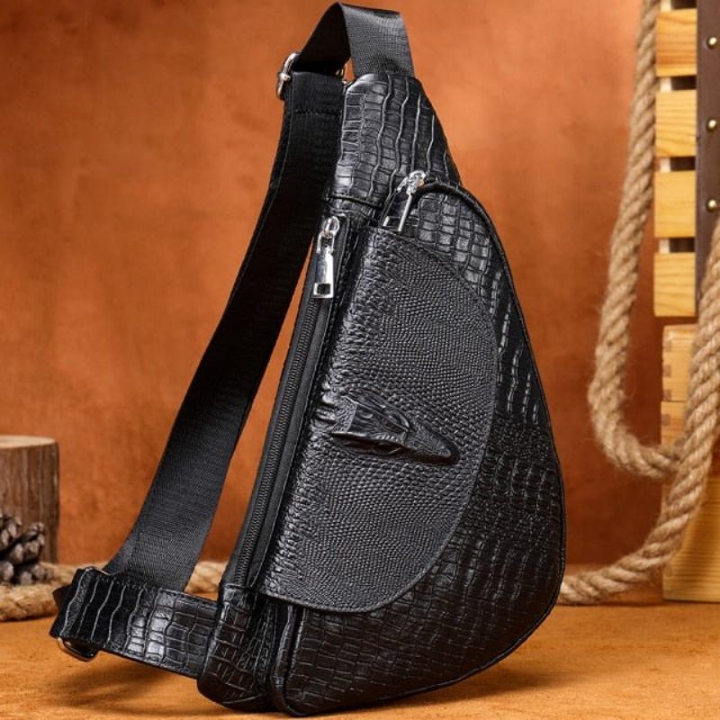 Bolsa Ombro Masculina Chique Tipo Sela Couro Crocodilo - Preto