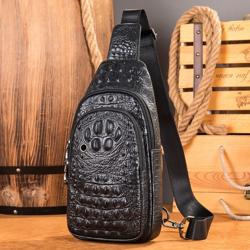 Bolsa Ombro Masculina Com Estampa Crocodilo Mensageiro - Preto