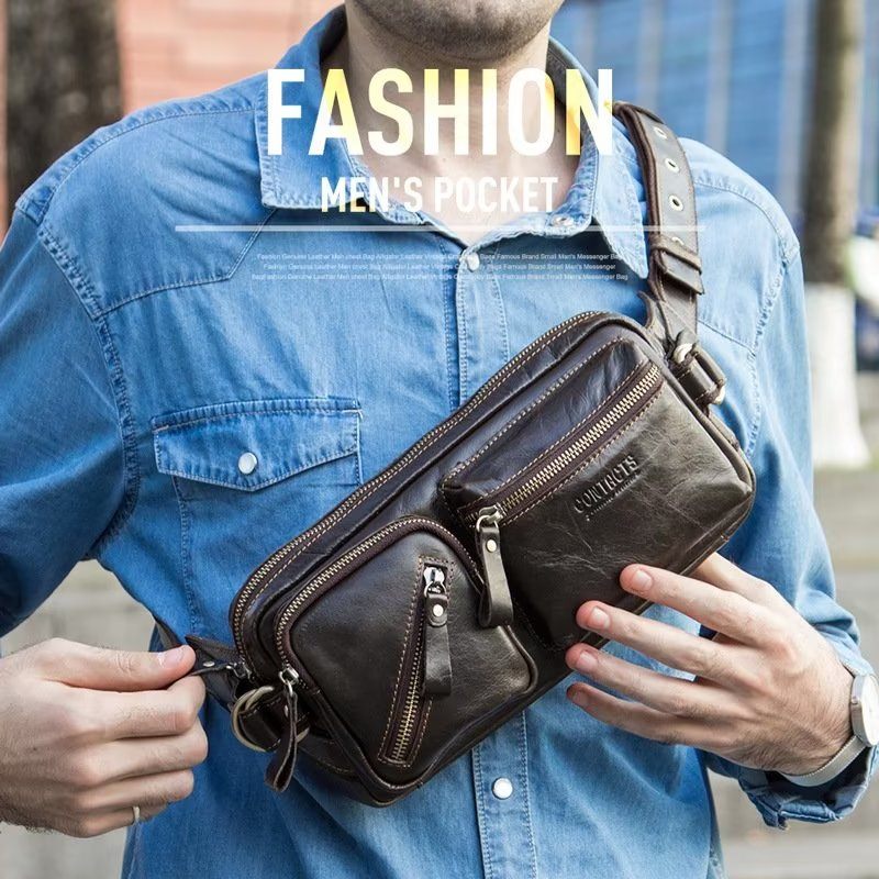 Bolsa Ombro Masculina Couro Genuíno Peito Crossbody - Café