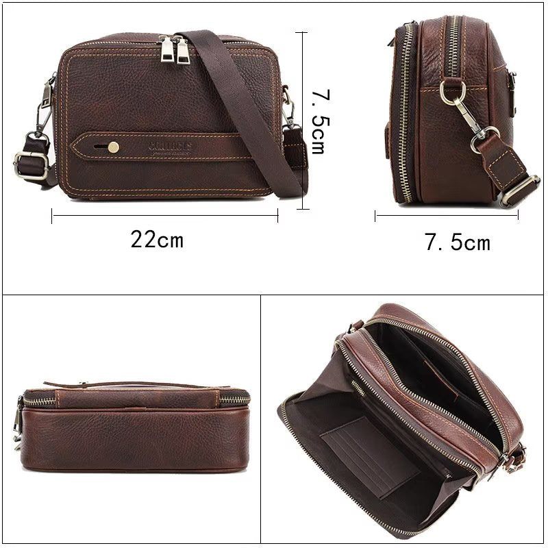 Bolsa Ombro Masculina Elegante Crossbody Clássica Couro Crazy Horse - Café