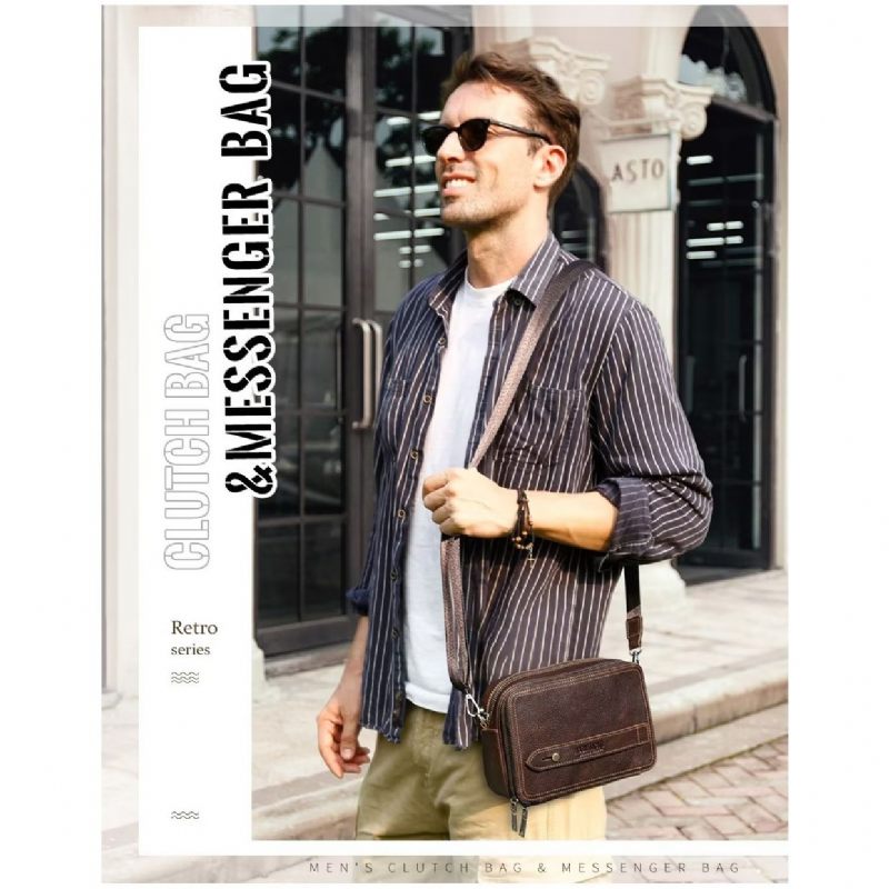 Bolsa Ombro Masculina Elegante Crossbody Clássica Couro Crazy Horse - Café