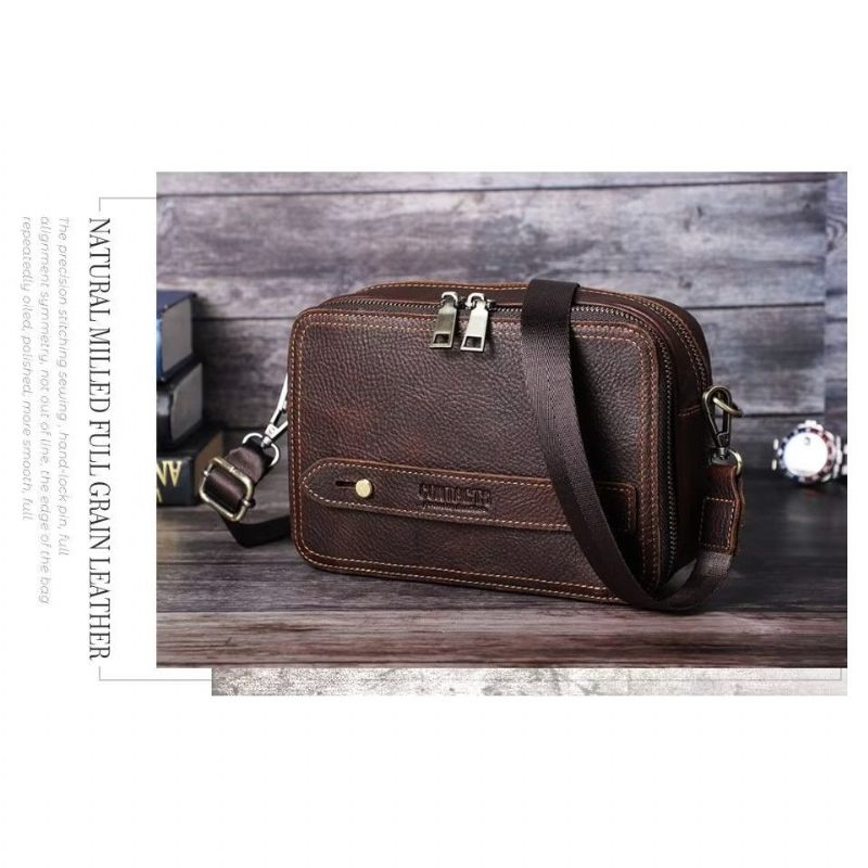 Bolsa Ombro Masculina Elegante Crossbody Clássica Couro Crazy Horse - Café