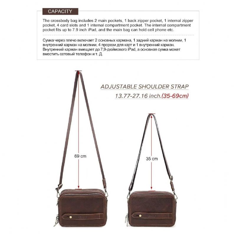 Bolsa Ombro Masculina Elegante Crossbody Clássica Couro Crazy Horse - Café