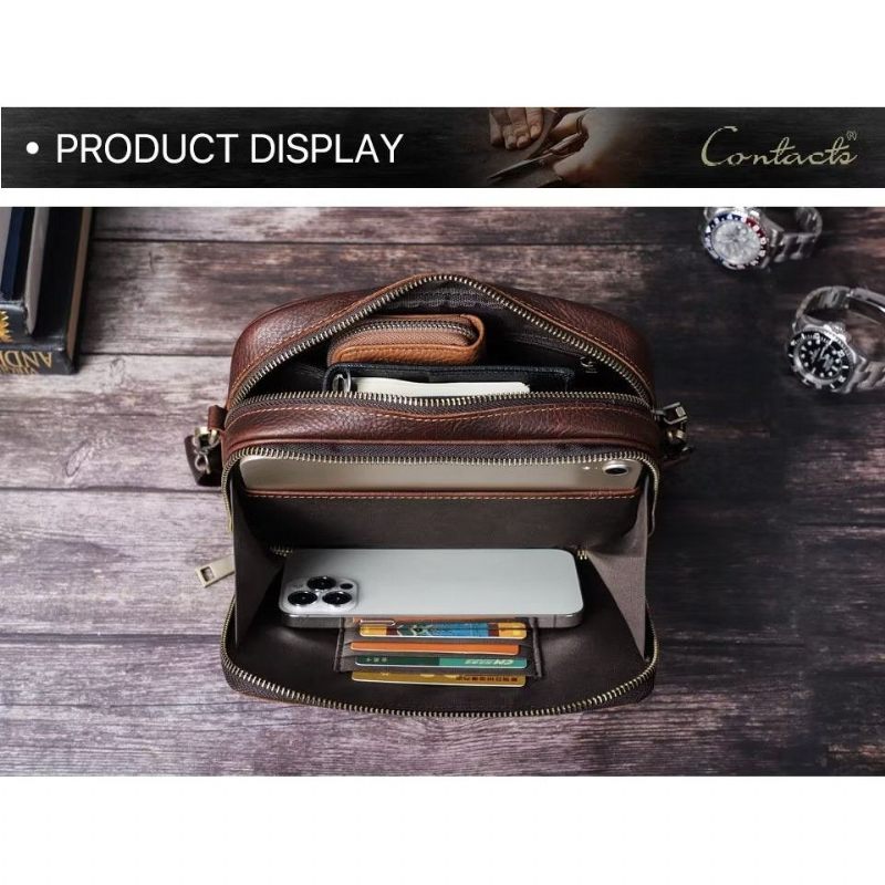 Bolsa Ombro Masculina Elegante Crossbody Clássica Couro Crazy Horse - Café