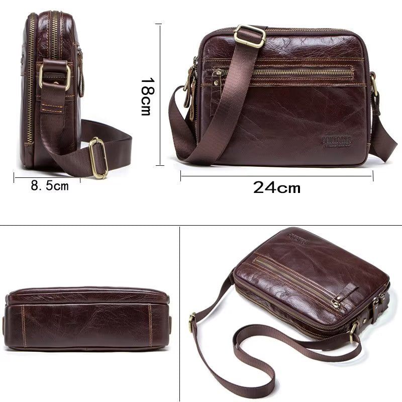 Bolsa Ombro Masculina Elegante Crossbody Compacta Couro Crazy Horse - Café