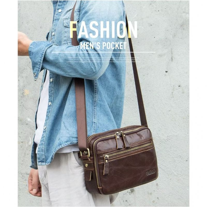 Bolsa Ombro Masculina Elegante Crossbody Compacta Couro Crazy Horse - Café