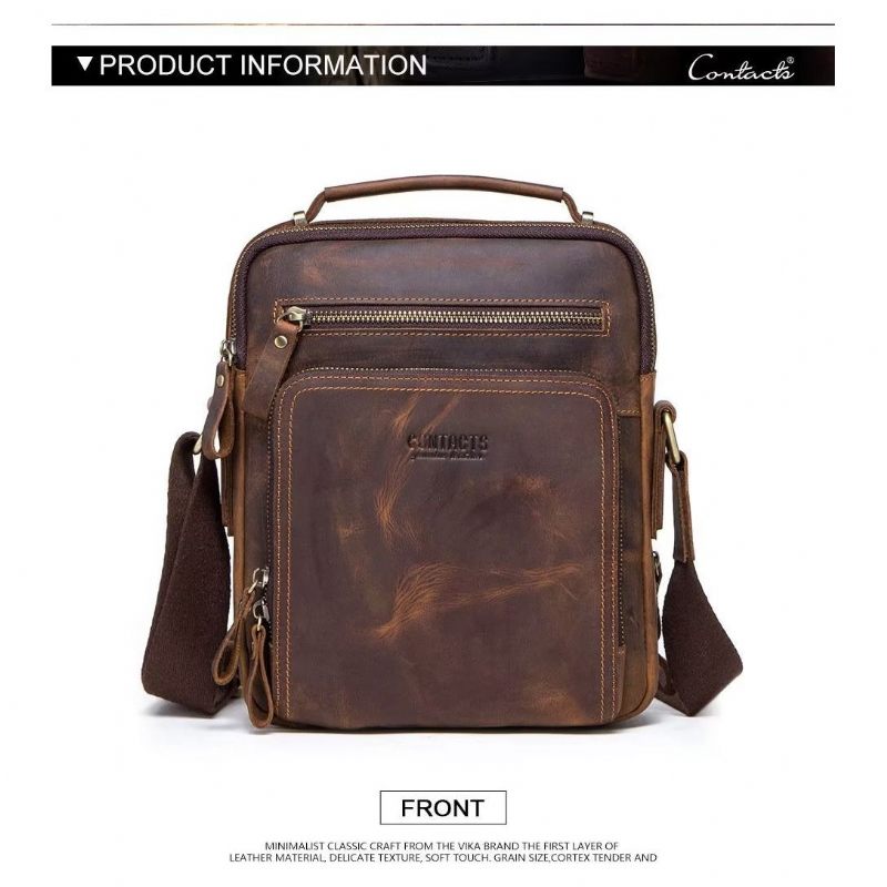 Bolsa Ombro Masculina Elegante Crossbody Couro Crazy Horse - Café