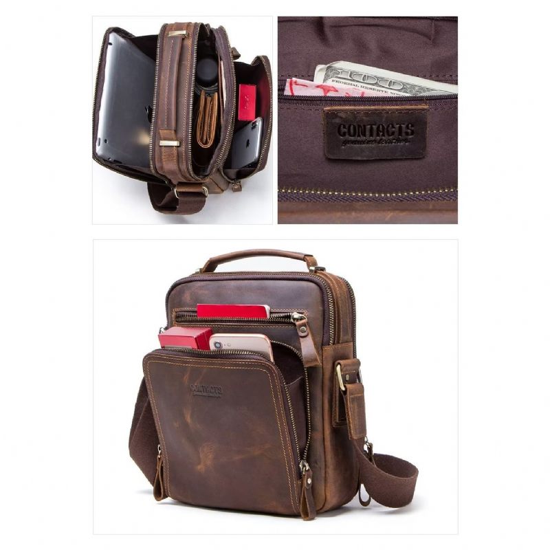 Bolsa Ombro Masculina Elegante Crossbody Couro Crazy Horse - Café