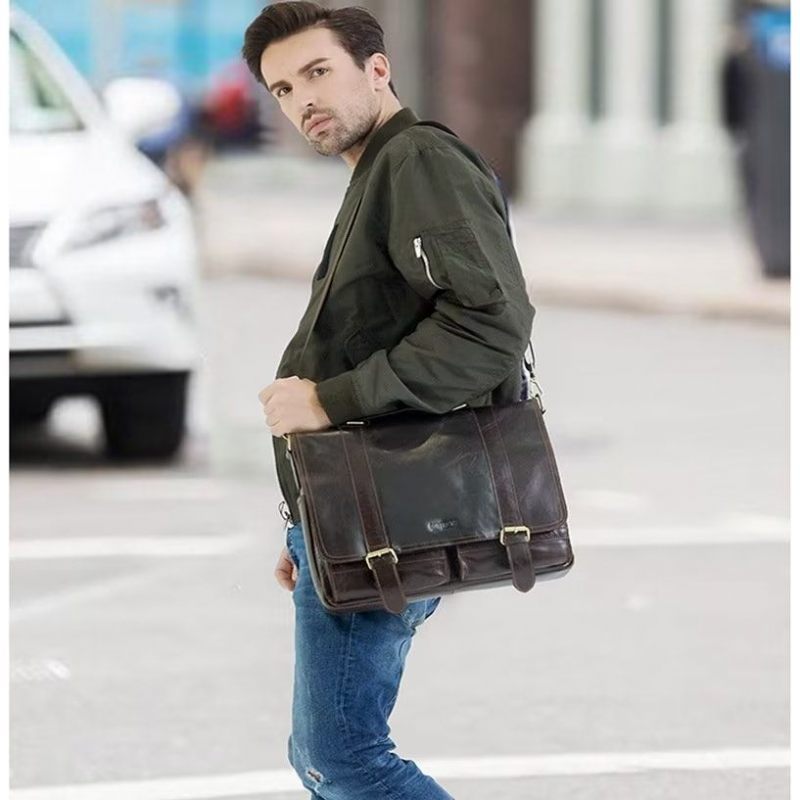 Bolsa Ombro Masculina Elegante Crossbody Couro Genuíno - Café