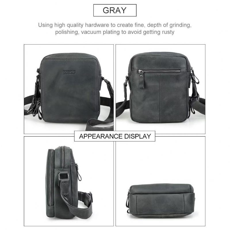 Bolsa Ombro Masculina Elegante Crossbody Robusta Couro Crazy Horse - Cinza