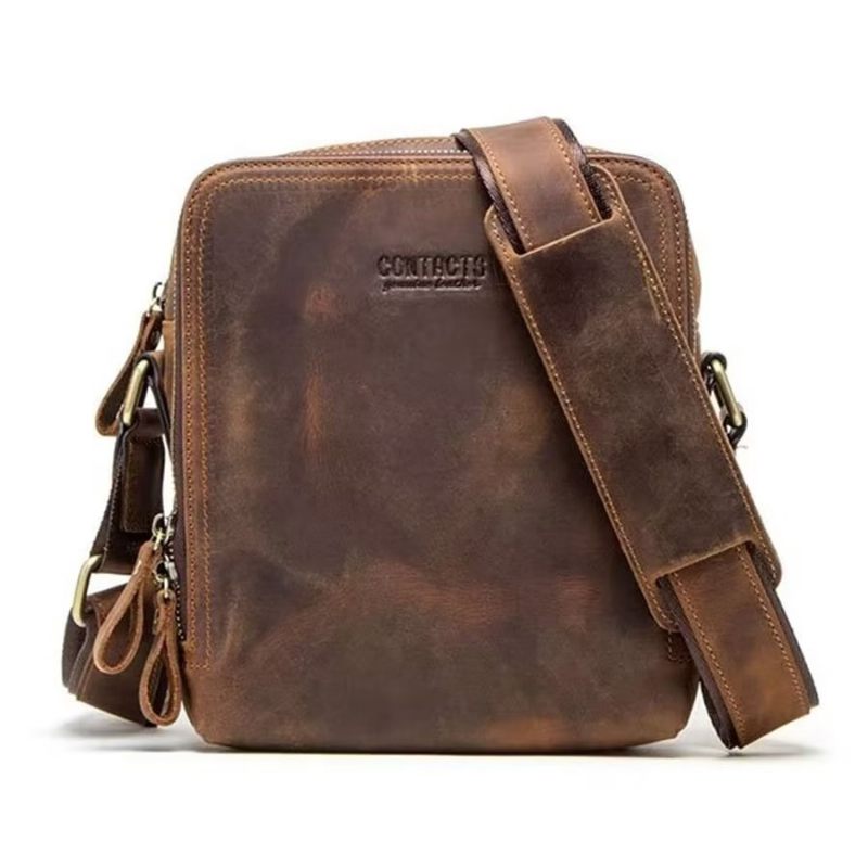 Bolsa Ombro Masculina Elegante Crossbody Robusta Couro Crazy Horse - Café