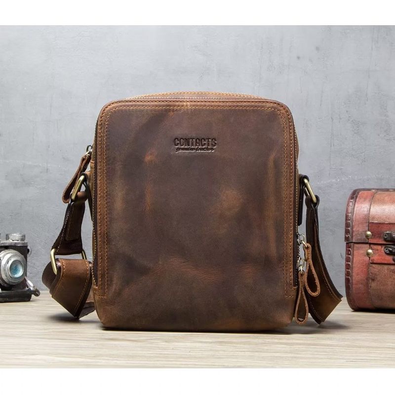 Bolsa Ombro Masculina Elegante Crossbody Robusta Couro Crazy Horse - Café