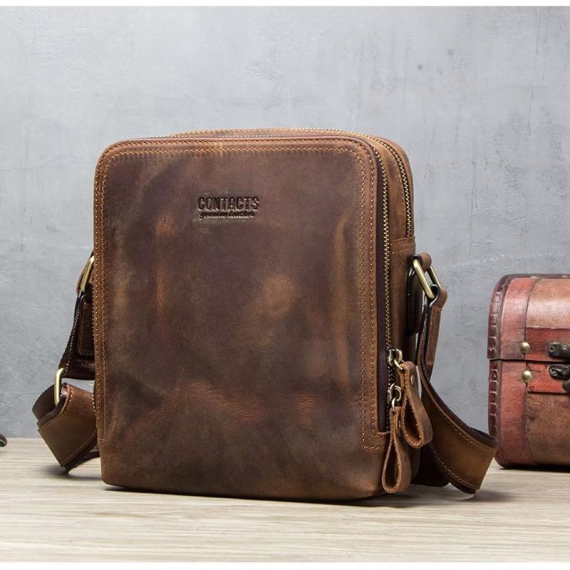 Bolsa Ombro Masculina Elegante Crossbody Robusta Couro Crazy Horse - Café