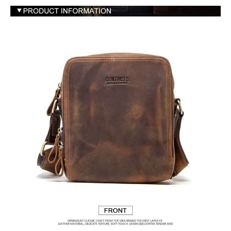 Bolsa Ombro Masculina Elegante Crossbody Robusta Couro Crazy Horse - Café