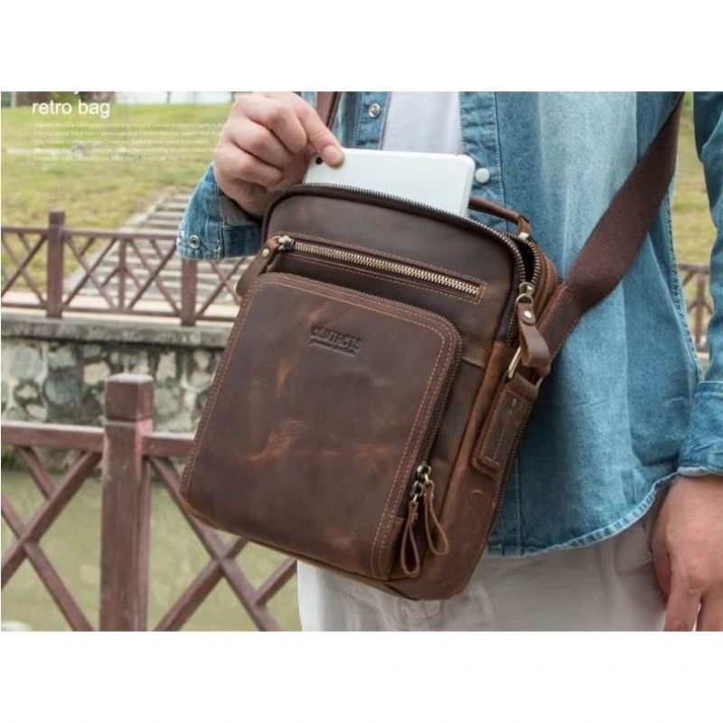 Bolsa Ombro Masculina Elegante Crossbody Robusta Couro Crazy Horse - Café