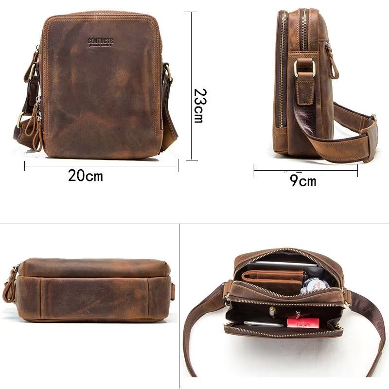 Bolsa Ombro Masculina Elegante Crossbody Robusta Couro Crazy Horse - Café