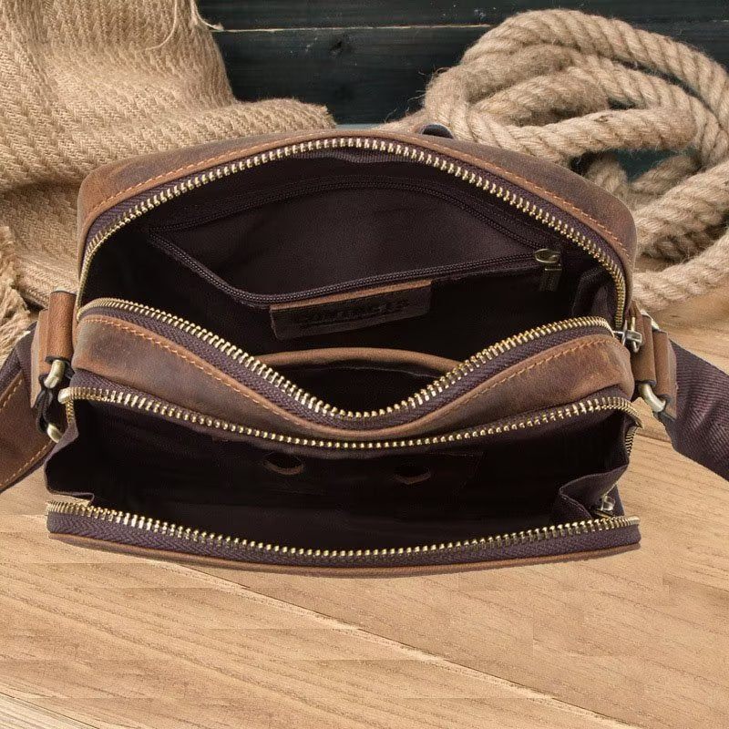 Bolsa Ombro Masculina Elegante Crossbody Robusta Couro Crazy Horse - Café