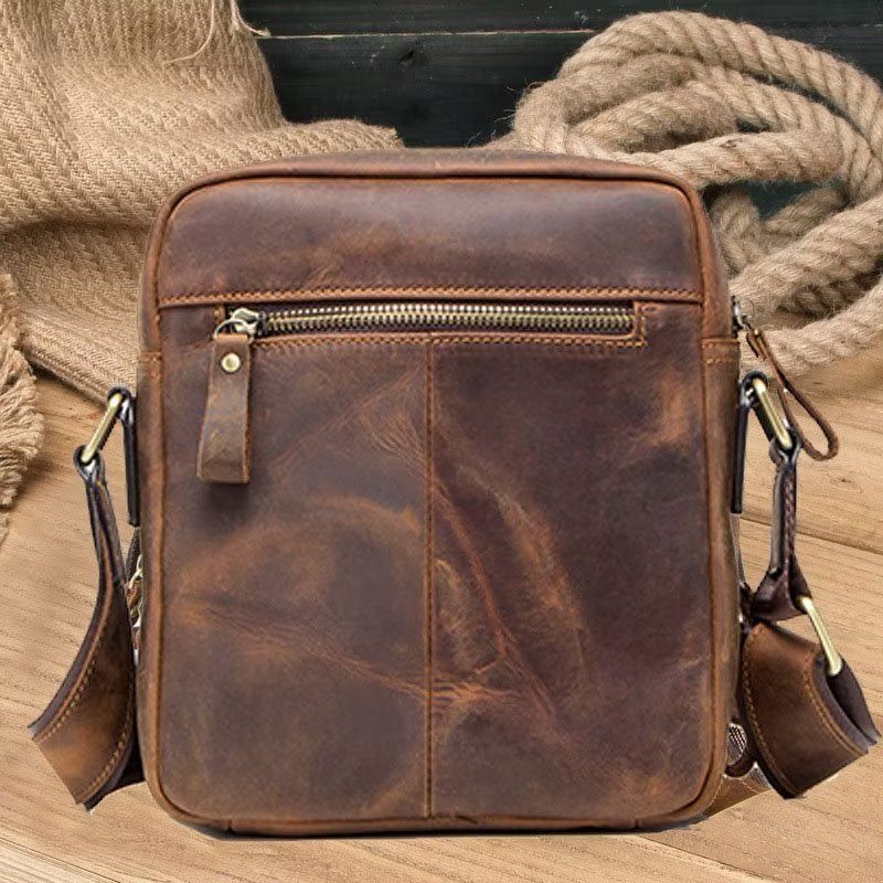 Bolsa Ombro Masculina Elegante Crossbody Robusta Couro Crazy Horse - Café