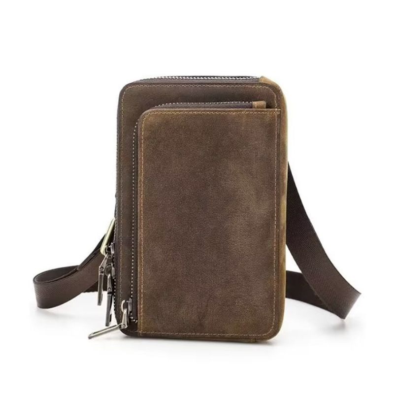 Bolsa Ombro Masculina Elegante Crossbody Vintage Couro Cavalo Louco - Café