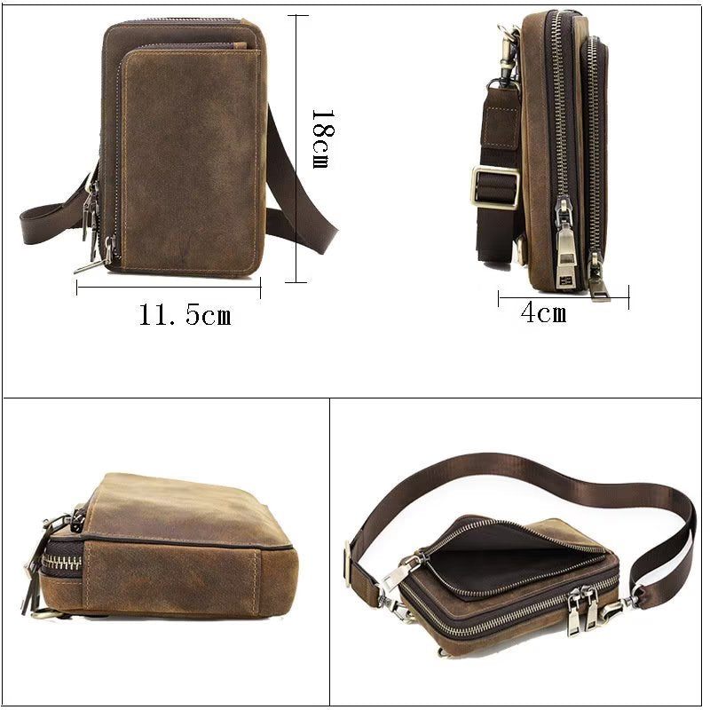 Bolsa Ombro Masculina Elegante Crossbody Vintage Couro Cavalo Louco - Café