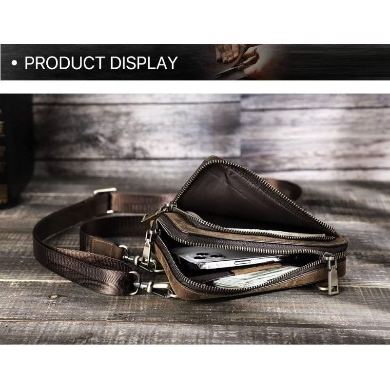 Bolsa Ombro Masculina Elegante Crossbody Vintage Couro Cavalo Louco - Café