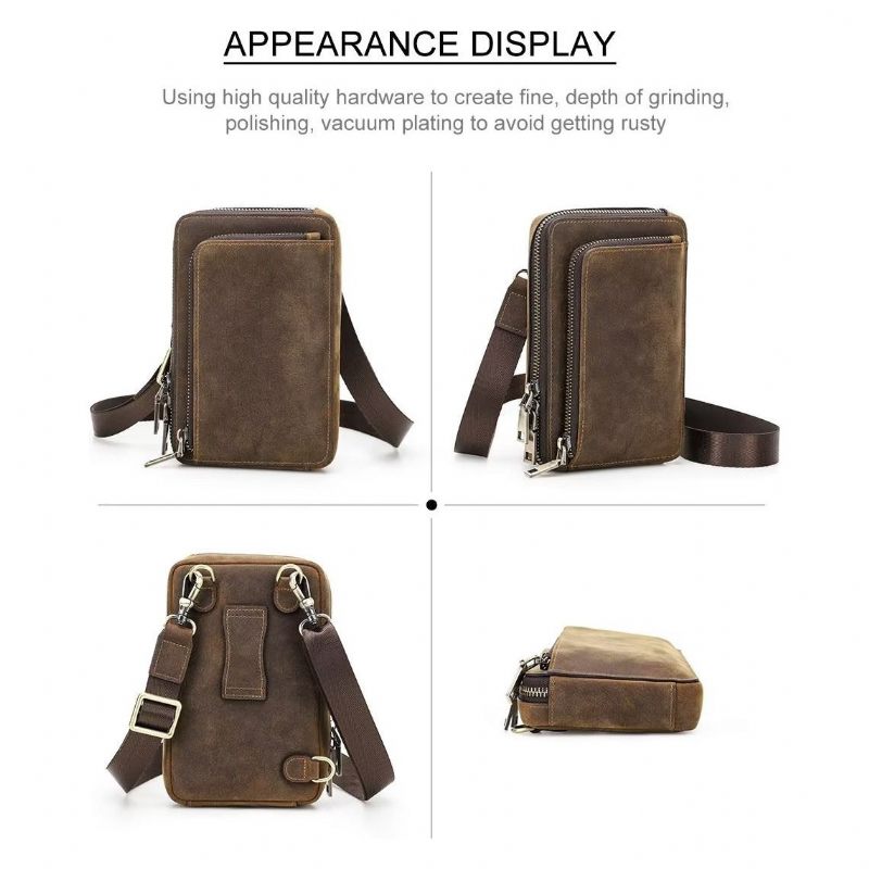 Bolsa Ombro Masculina Elegante Crossbody Vintage Couro Cavalo Louco - Café