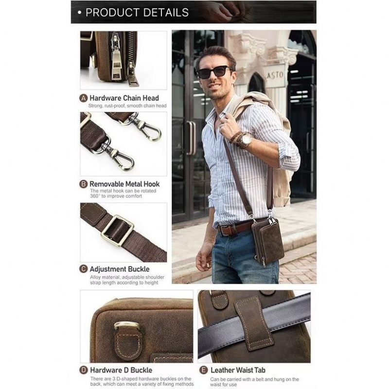 Bolsa Ombro Masculina Elegante Crossbody Vintage Couro Cavalo Louco - Café