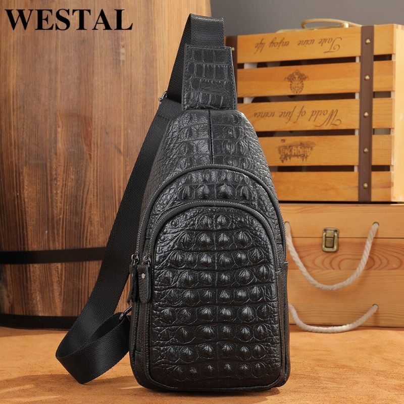 Bolsa Ombro Masculina Exótica Chique Crocodilo Mensageiro Em Relevo - Preto