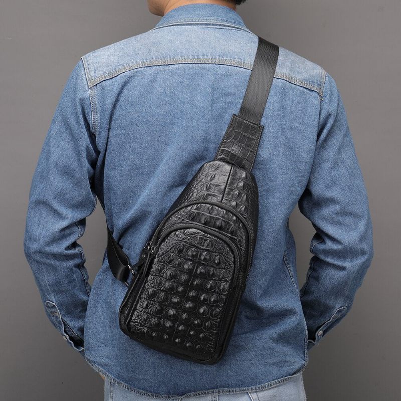 Bolsa Ombro Masculina Exótica Chique Crocodilo Mensageiro Em Relevo - Preto