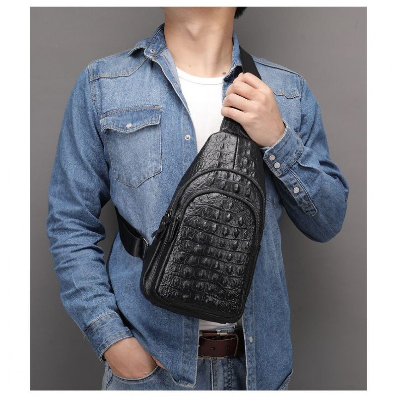 Bolsa Ombro Masculina Exótica Chique Crocodilo Mensageiro Em Relevo - Preto