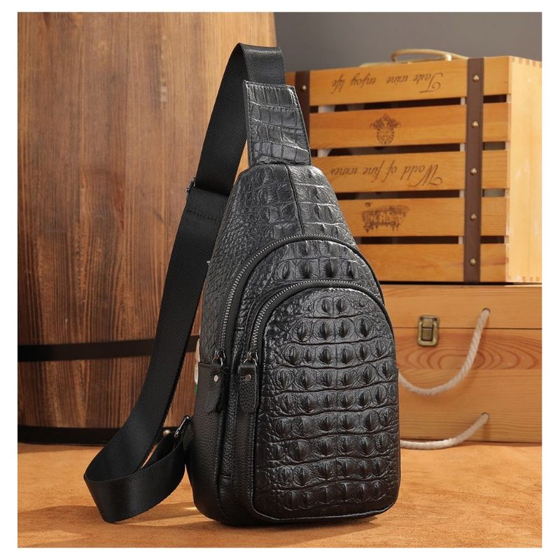 Bolsa Ombro Masculina Exótica Chique Crocodilo Mensageiro Em Relevo - Preto