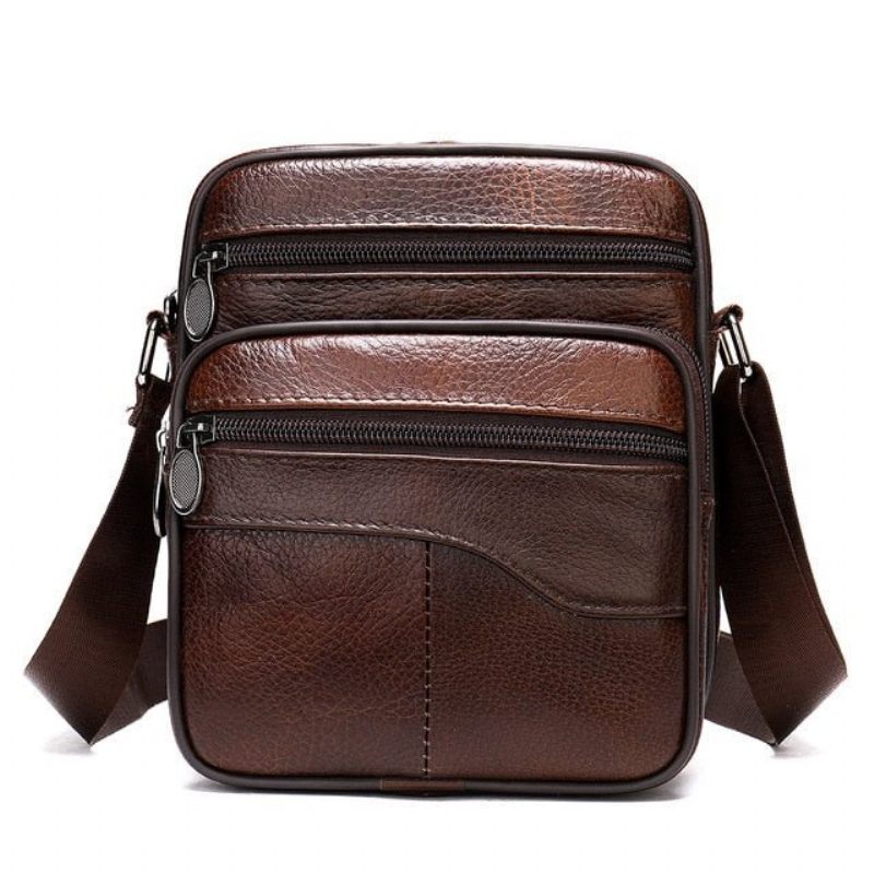 Bolsa Ombro Masculina Graciosa Mensageiro Couro Exótico Com Zíper - Café