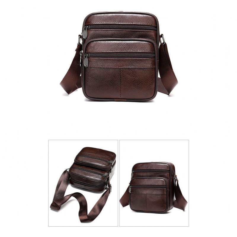 Bolsa Ombro Masculina Graciosa Mensageiro Couro Exótico Com Zíper - Café 2