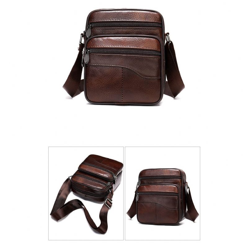 Bolsa Ombro Masculina Graciosa Mensageiro Couro Exótico Com Zíper - Café 3