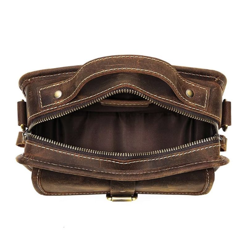 Bolsa Ombro Masculina Luxo Com Aba Couro Genuíno Crossbody Compacta - Café