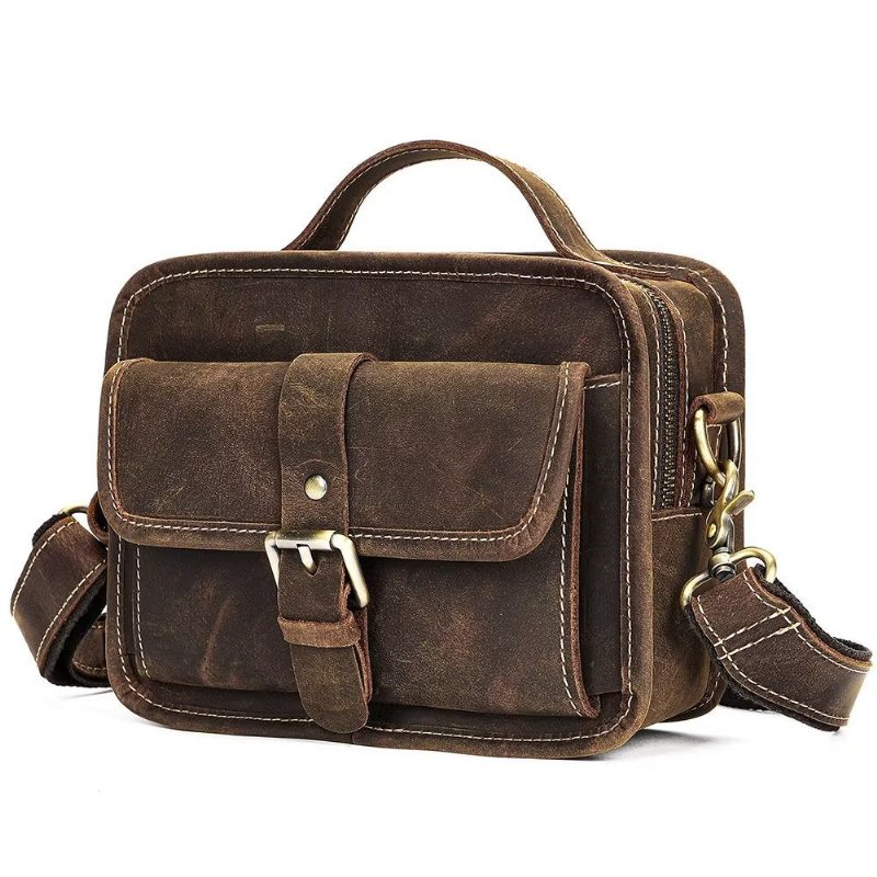 Bolsa Ombro Masculina Luxo Com Aba Couro Genuíno Crossbody Compacta - Café