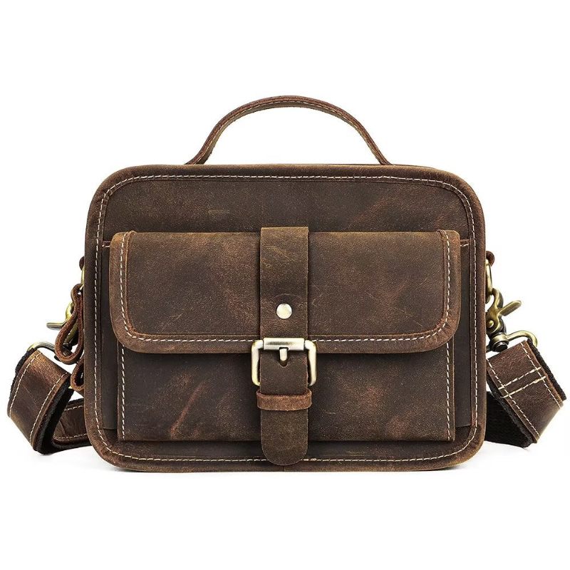 Bolsa Ombro Masculina Luxo Com Aba Couro Genuíno Crossbody Compacta - Café