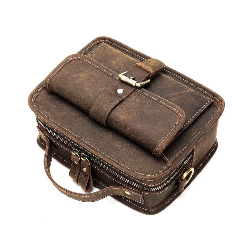 Bolsa Ombro Masculina Luxo Com Aba Couro Genuíno Crossbody Compacta - Café