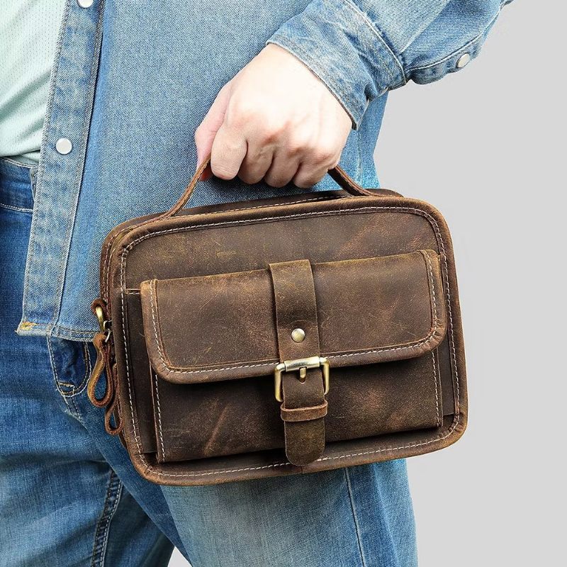 Bolsa Ombro Masculina Luxo Com Aba Couro Genuíno Crossbody Compacta - Café