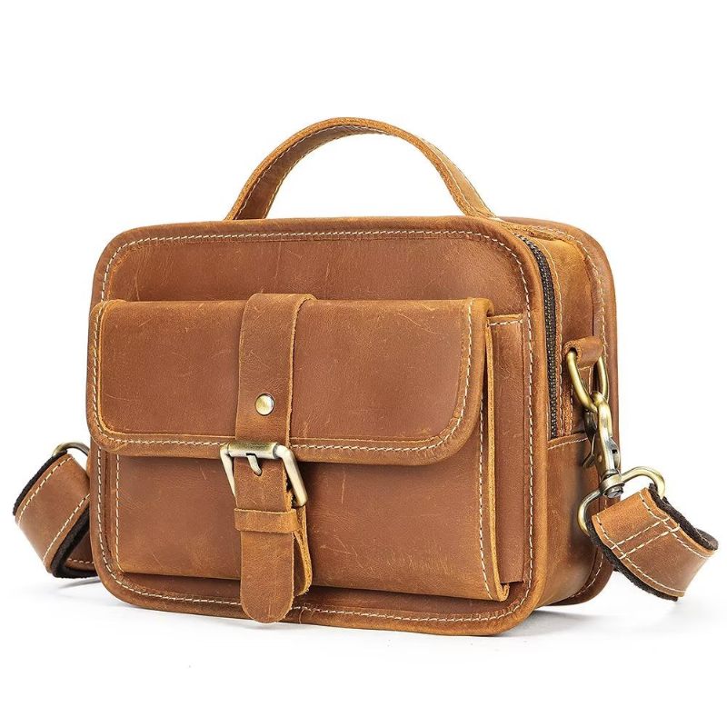 Bolsa Ombro Masculina Luxo Com Aba Couro Genuíno Crossbody Compacta - Marrom