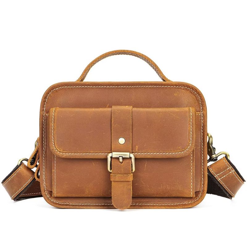 Bolsa Ombro Masculina Luxo Com Aba Couro Genuíno Crossbody Compacta - Marrom