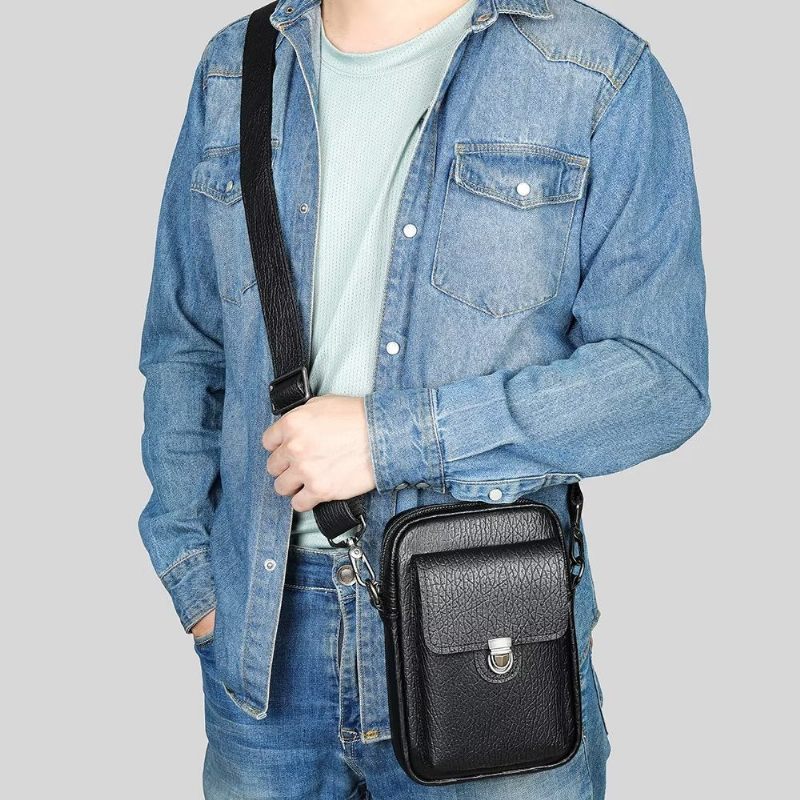 Bolsa Ombro Masculina Luxo Com Aba Couro Genuíno Vintage Crossbody - Preto