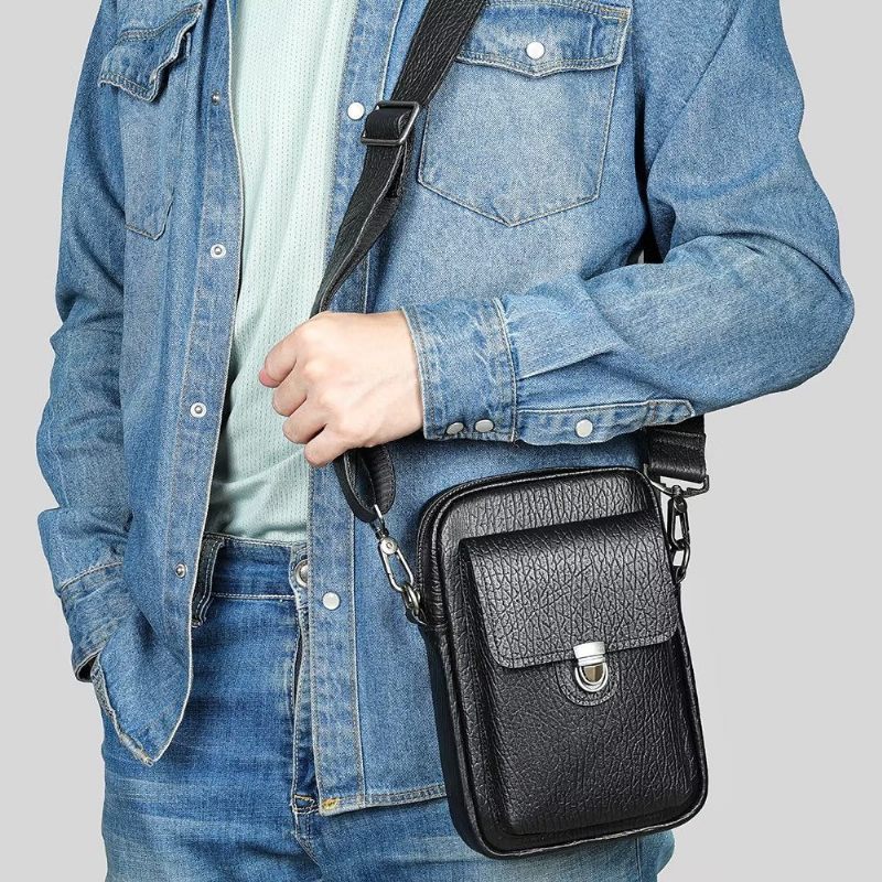 Bolsa Ombro Masculina Luxo Com Aba Couro Genuíno Vintage Crossbody - Preto