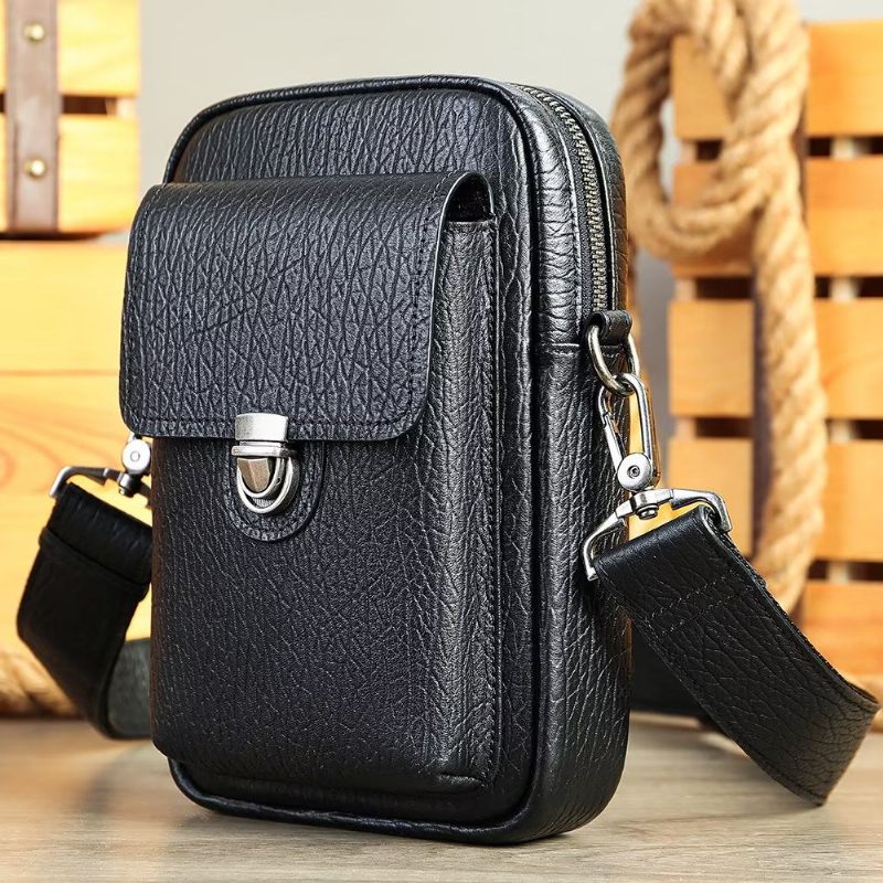 Bolsa Ombro Masculina Luxo Com Aba Couro Genuíno Vintage Crossbody - Preto