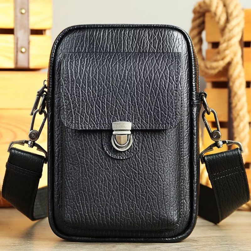 Bolsa Ombro Masculina Luxo Com Aba Couro Genuíno Vintage Crossbody - Preto