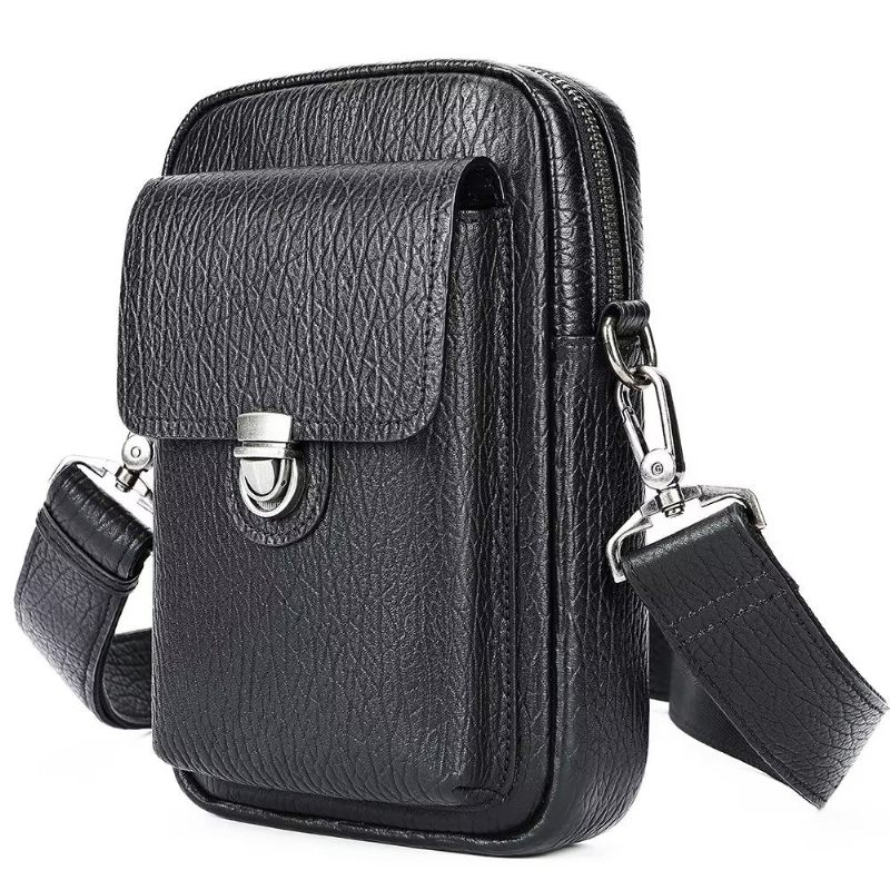 Bolsa Ombro Masculina Luxo Com Aba Couro Genuíno Vintage Crossbody - Preto