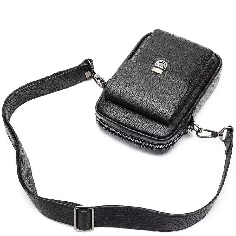 Bolsa Ombro Masculina Luxo Com Aba Couro Genuíno Vintage Crossbody - Preto