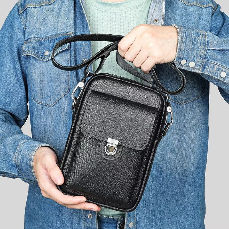 Bolsa Ombro Masculina Luxo Com Aba Couro Genuíno Vintage Crossbody - Preto